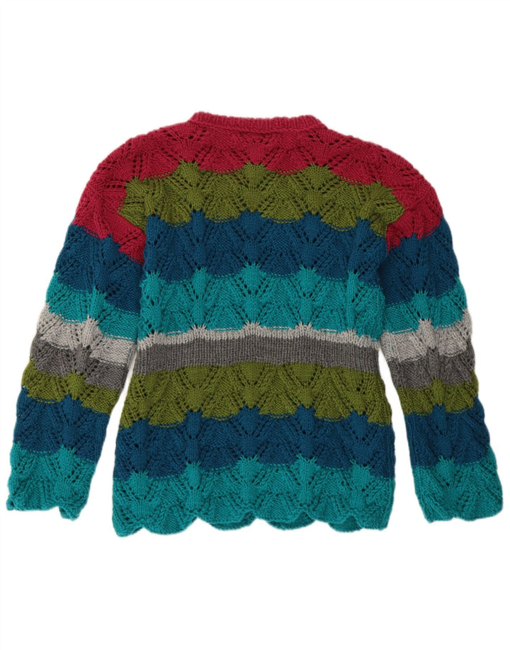 Maglione maglione girocollo da donna vintage UK 14 a righe multicolori medie