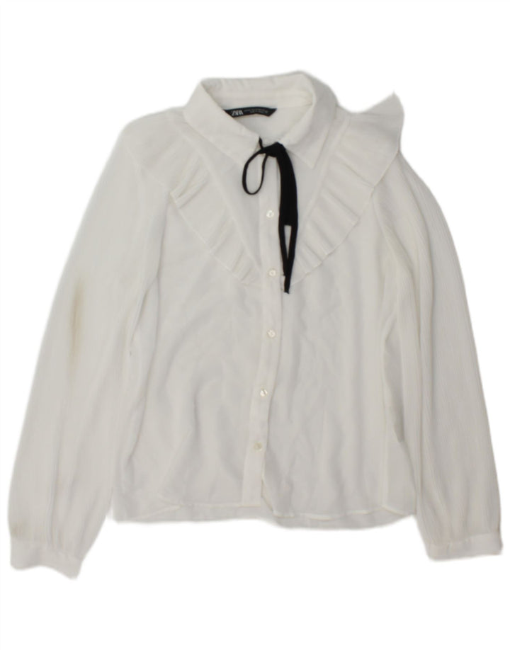 Zara, camicia oversize da donna con volant sul davanti, camicetta UK 6 XS, poliestere bianco