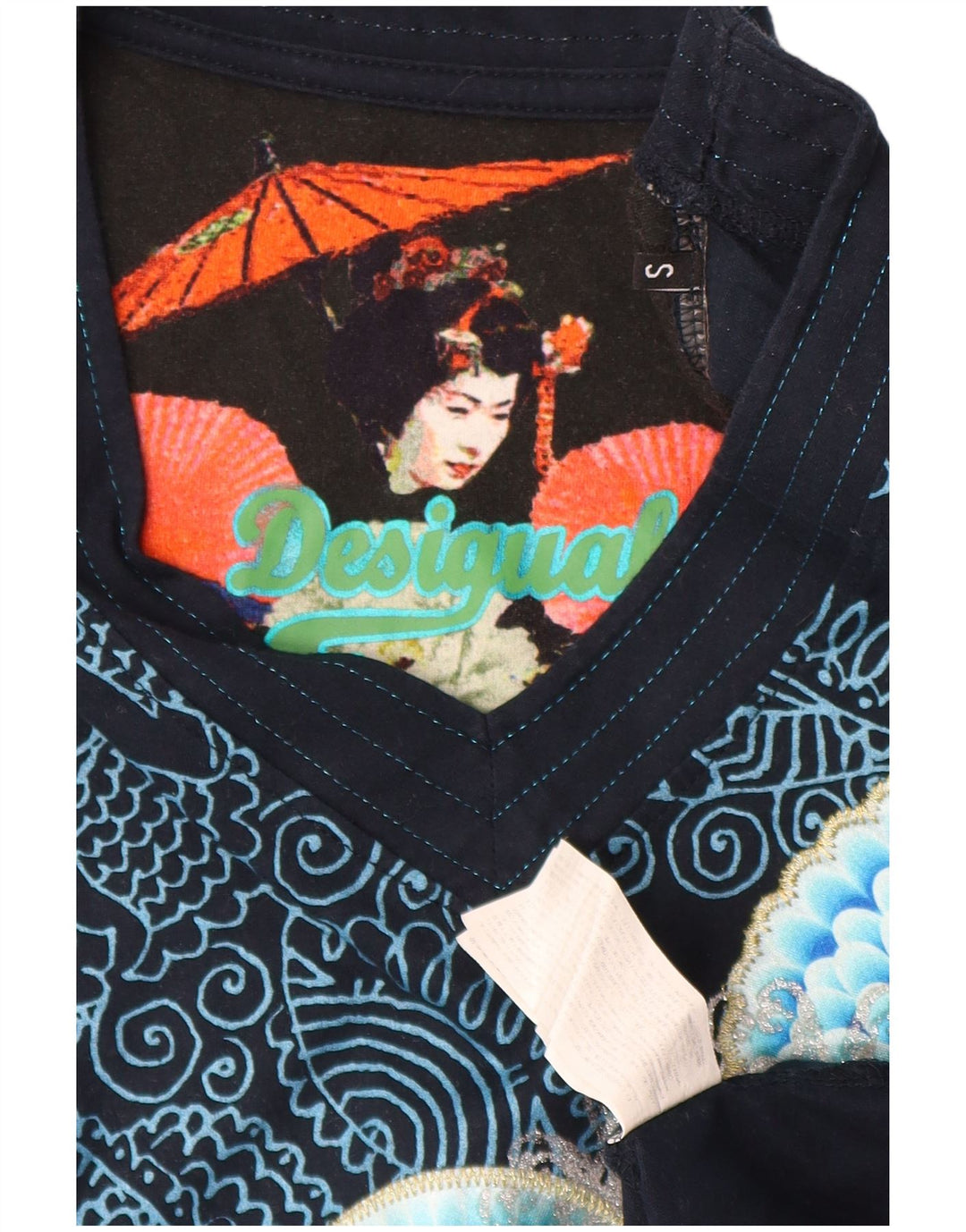 Desigual Donna Graphic Top Manica Lunga UK 10 Small Blu Navy