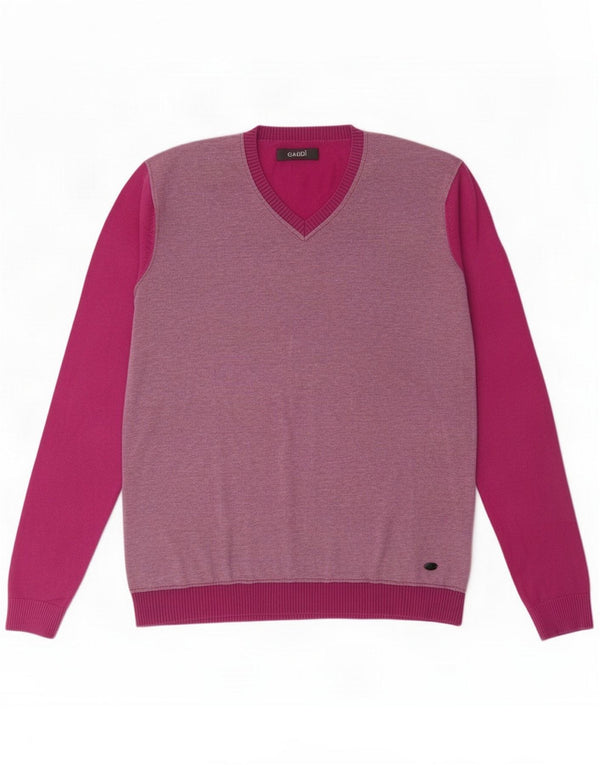 Gaudi Mens V-Neck Jumper Sweater Medium Pink Colourblock Cotton