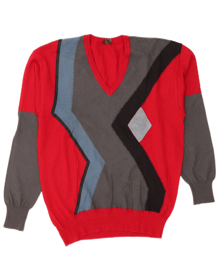 DALMINE Maglione da uomo con scollo a V IT 50 Rosso medio color block in lana vergine