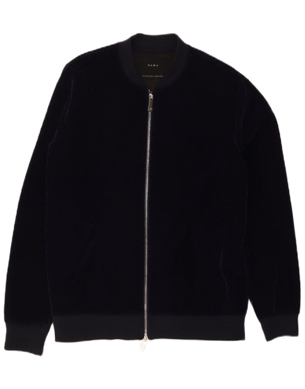 Zara Mens Velour Bomber Jacket UK 40 Large Navy Blue Polyester