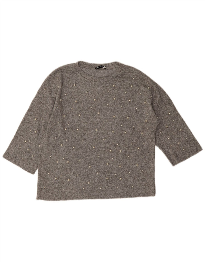Top Zara da donna oversize manica 3/4 UK 10 piccolo grigio chiazzato