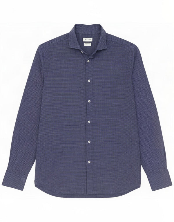 Massimo Dutti Camicia da uomo in flanella vestibilità regolare piccola blu pied de poule in cotone