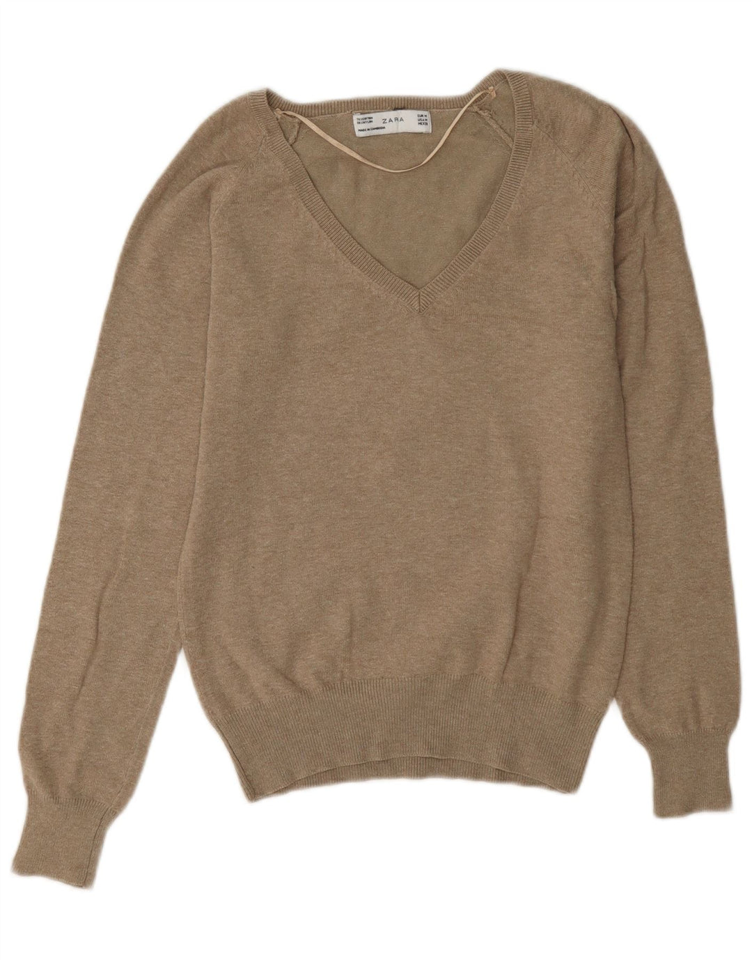 Maglione da donna con scollo a V Zara UK 14 Cotone marrone medio
