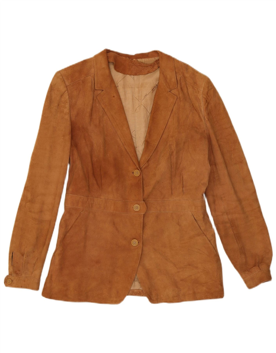 Giacca blazer vintage in pelle scamosciata a 3 bottoni da donna UK 14 Marrone medio