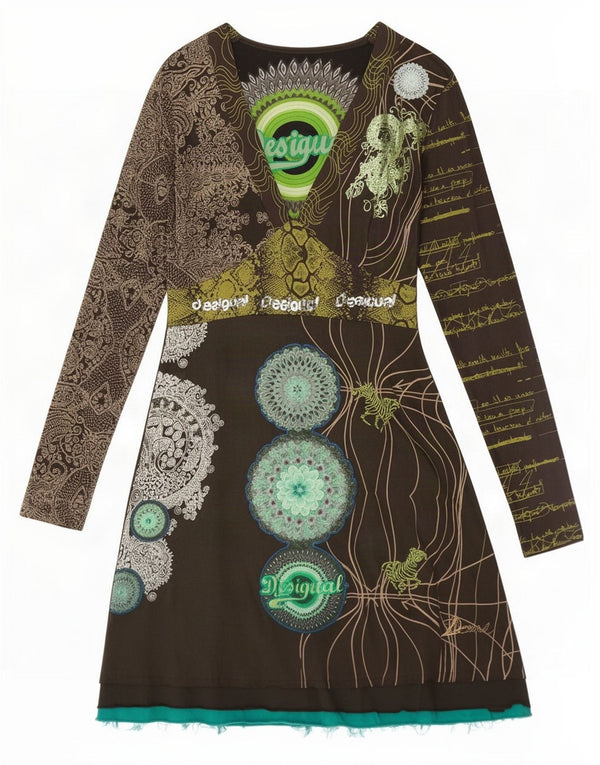 Desigual Abito da donna a maniche lunghe con grafica grafica UK 8 Piccolo Cachi Paisley
