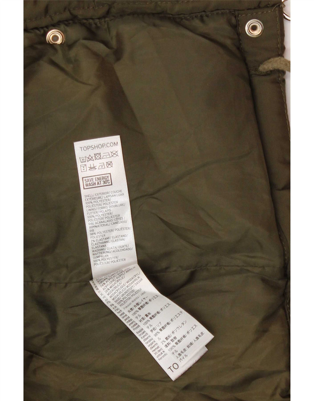 Topshop Giacca imbottita con cappuccio da donna UK 8 Small Verde Poliestere