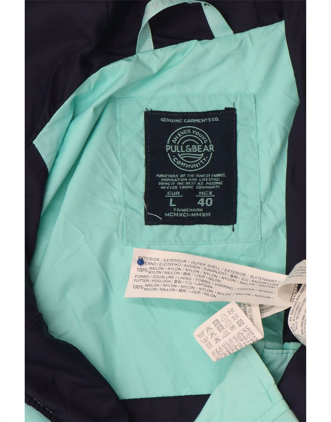 Giacca antipioggia con cappuccio da uomo Pull & Bear UK 40 Large in nylon color block turchese