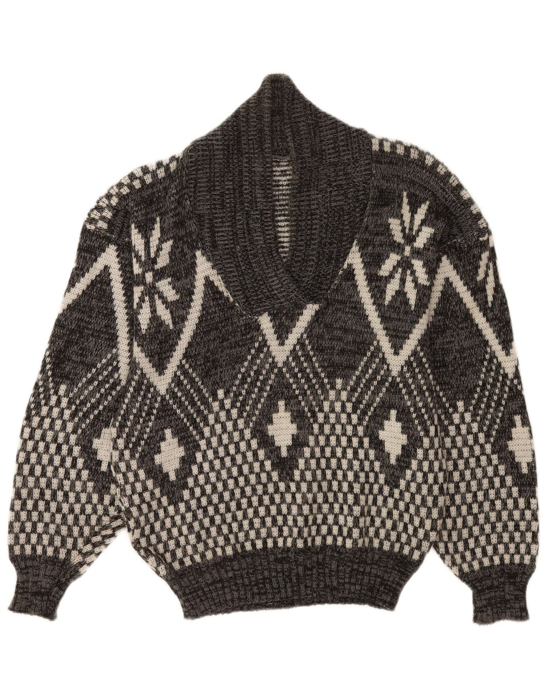 Maglione vintage da uomo con collo a scialle grigio medio geometrico