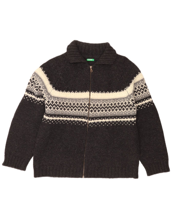 Maglione cardigan da donna Benetton UK 18 XL Grigio Fair Isle Lana vergine