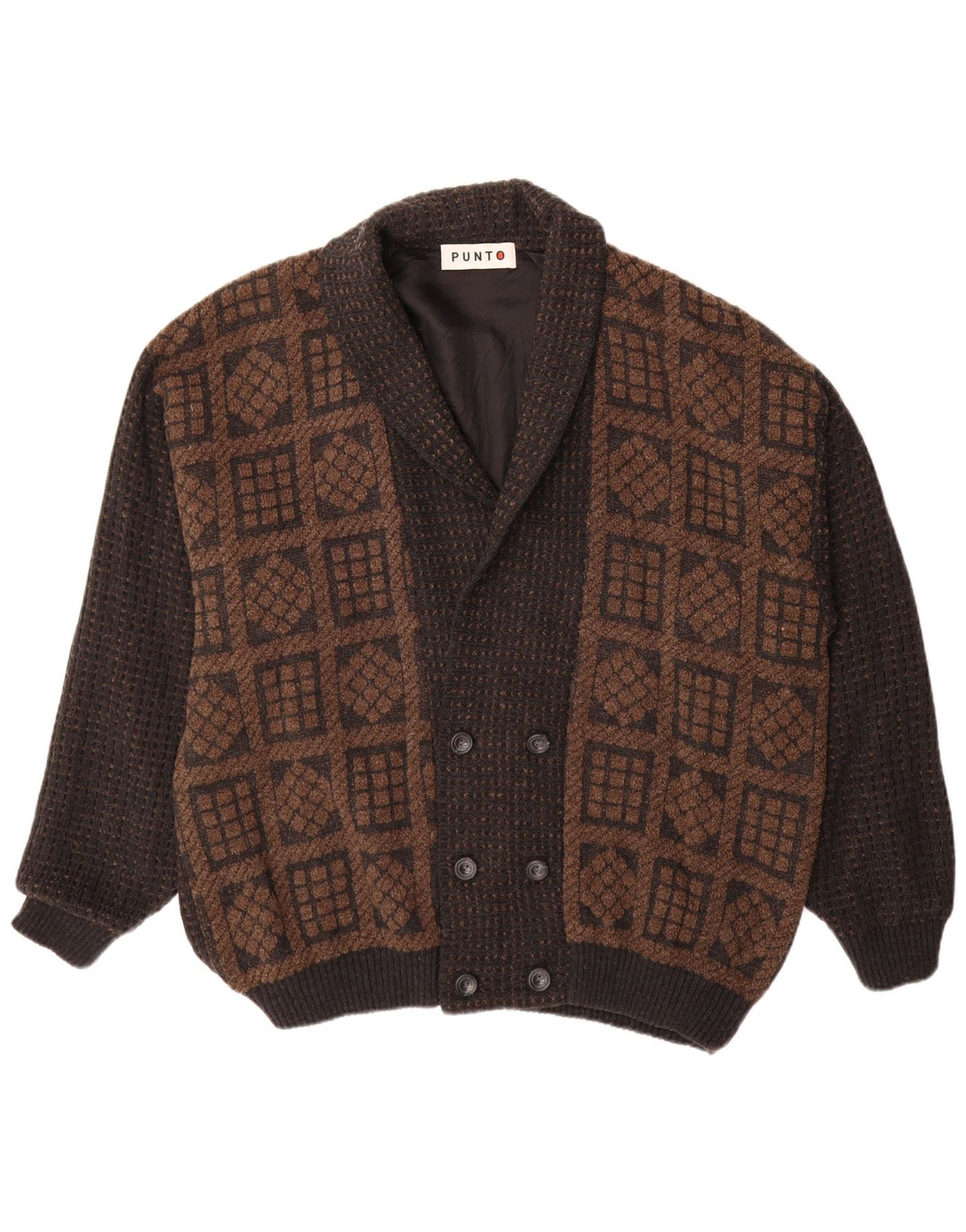 Maglione cardigan doppiopetto da uomo VINTAGE IT 56 2XL Marrone geometrico