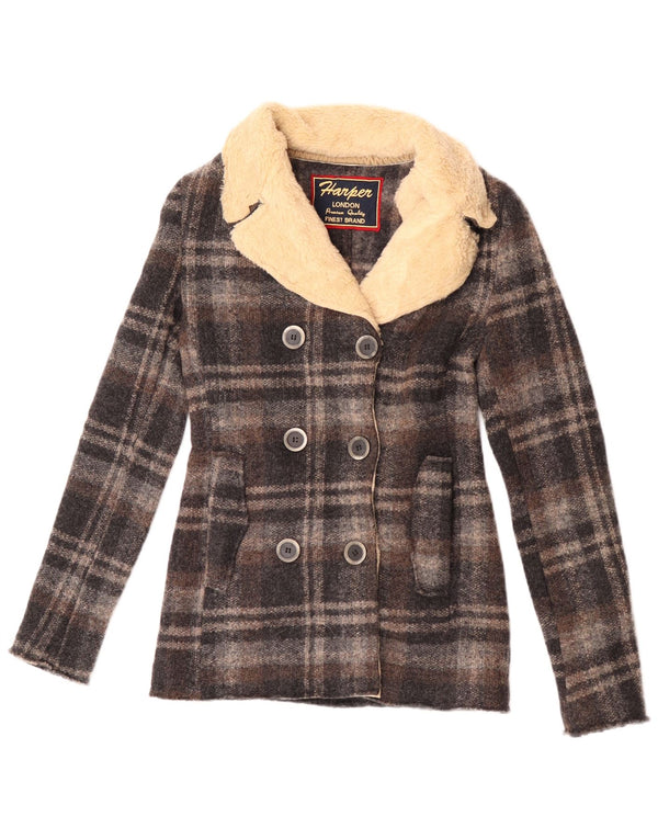 Cappotto da marinaio vintage da donna IT 42 in lana a quadri grigio medio
