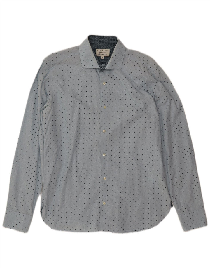 TED BAKER Camicia da uomo slim fit taglia 16 grande cotone a pois blu
