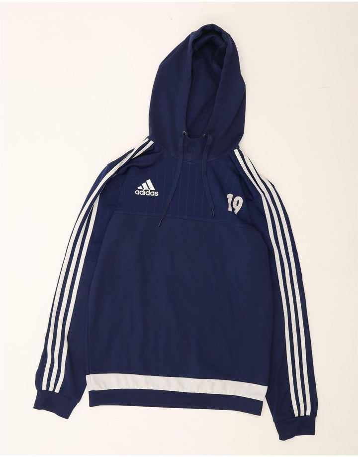 ADIDAS Mens Graphic Hoodie Jumper Small Navy Blue Polyester Vintage Adidas and Second-Hand Adidas from Messina Hembry 