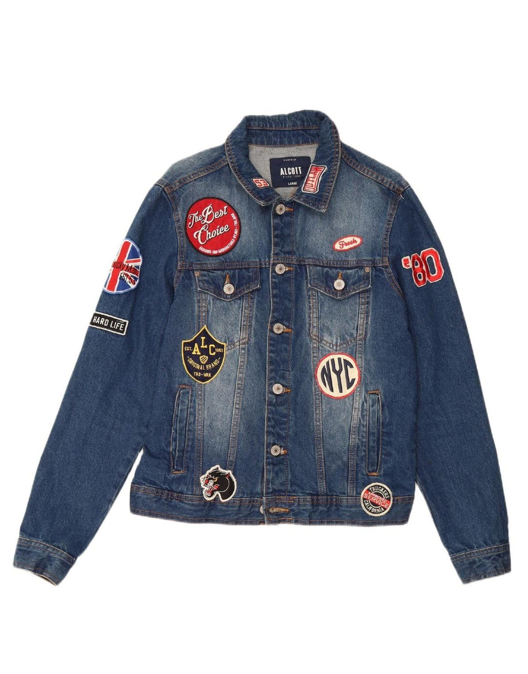 ALCOTT Womens Graphic Denim Jacket UK 16 Large Blue Cotton