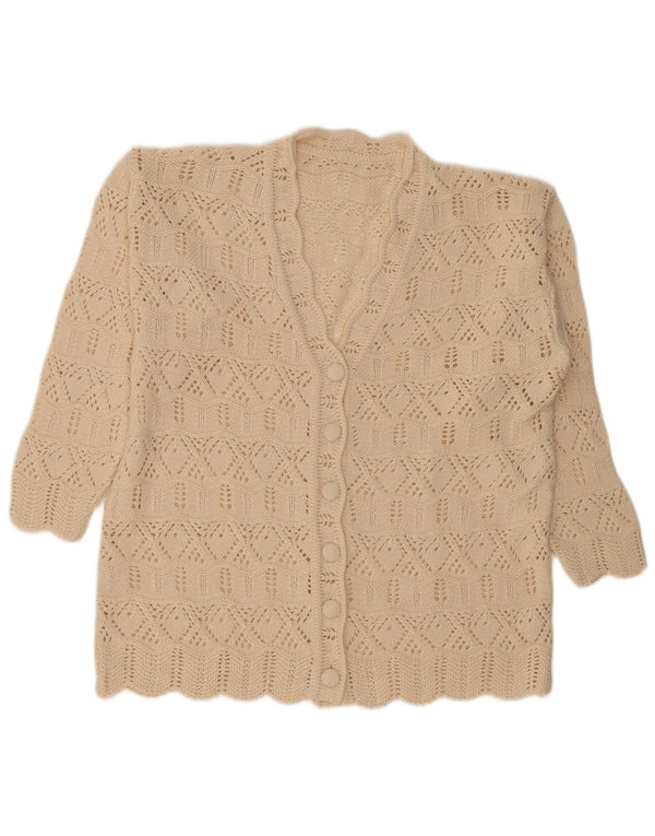 Maglione cardigan all'uncinetto con maniche a 3/4 vintage da donna UK 16 grande cotone beige