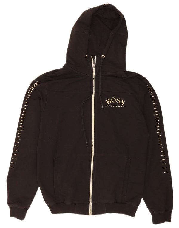 Maglione con cappuccio e zip grafica da uomo Hugo Boss piccolo in cotone nero