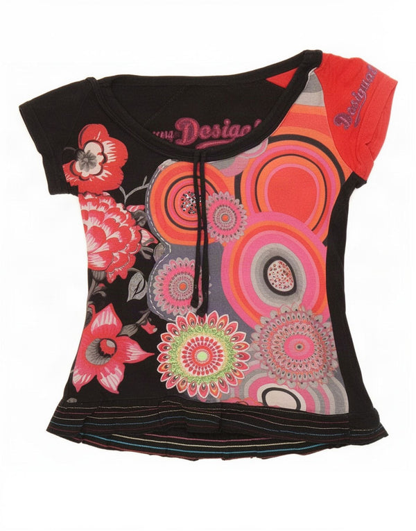 Desigual T-shirt grafica da donna Top UK 10 Small Black Floral Cotton