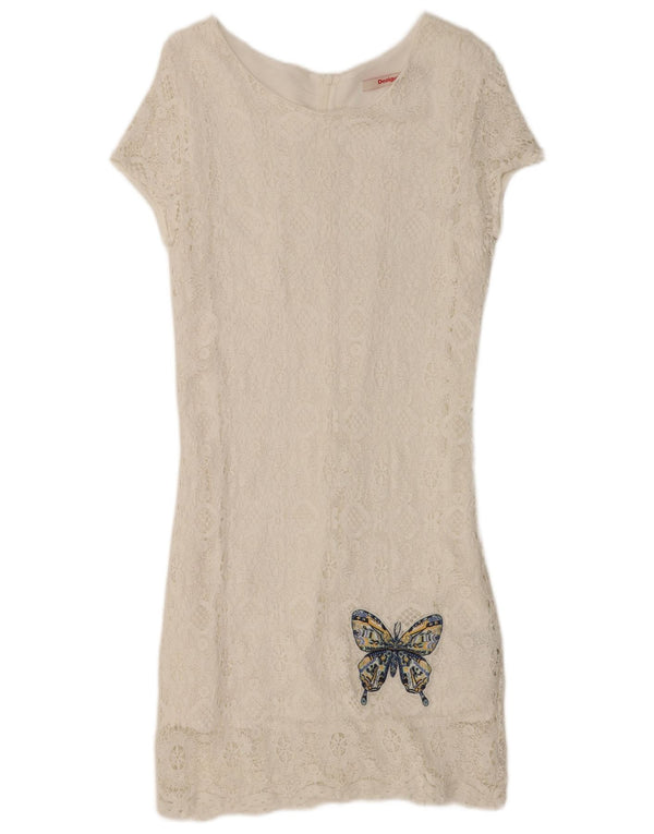 Desigual Abito tubino in pizzo grafico da donna EU 46 XL Farfalla floreale bianca