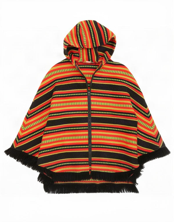 Cappotto poncho vintage da donna con cappuccio, taglia unica, rosso a righe