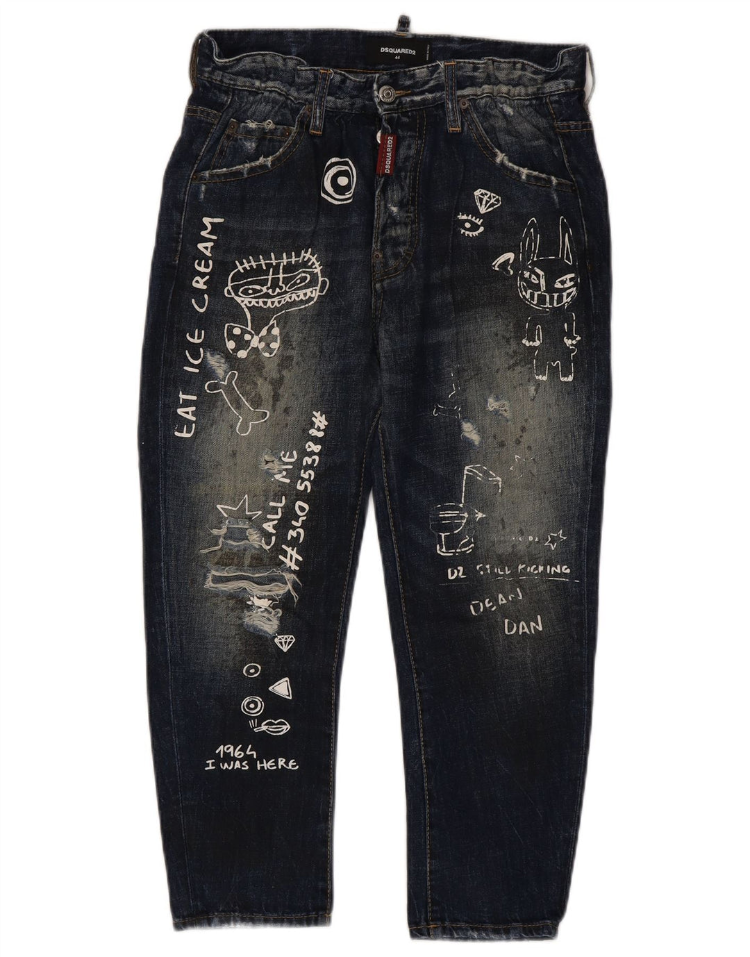 Jeans ritagliati con grafica da donna Dsquared2 IT 44 medio W34 L23 blu navy