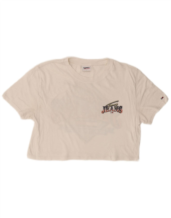 TOMMY HILFIGER T-shirt grafica corta da donna Top UK 10 piccola bianca