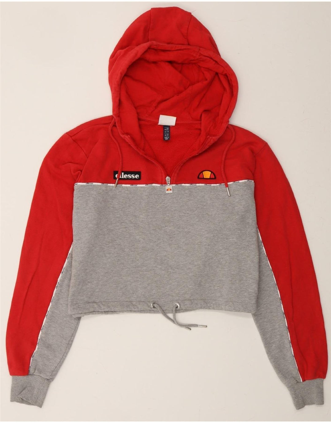 ELLESSE Womens Oversized Crop Hoodie Jumper UK 12 Medium Red Colourblock Vintage Ellesse and Second-Hand Ellesse from Messina Hembry 