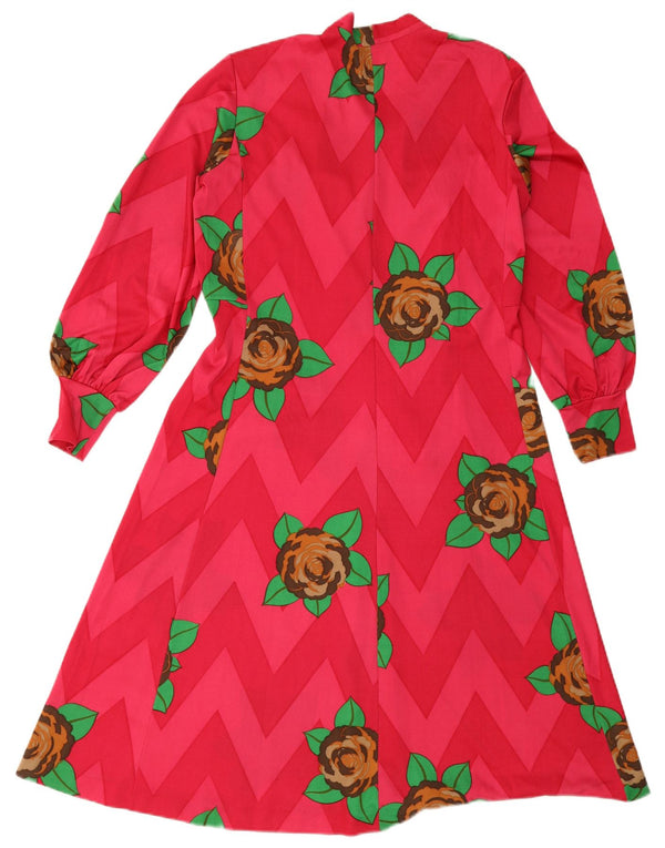 Abito a trapezio con cravatta frontale a maniche lunghe da donna vintage UK 12 floreale rosa medio