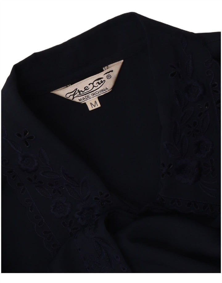 Camicetta camicia vintage da donna UK 14 medio blu navy floreale