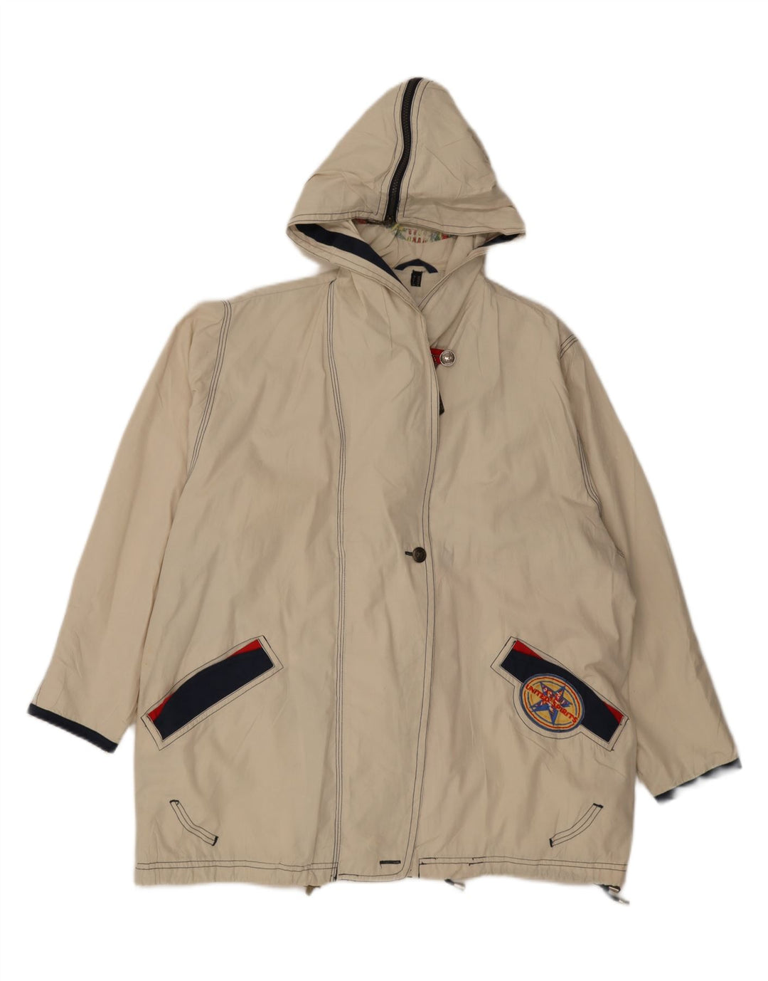 Giacca antipioggia oversize con cappuccio da donna vintage UK 8 piccola in poliestere bianco sporco