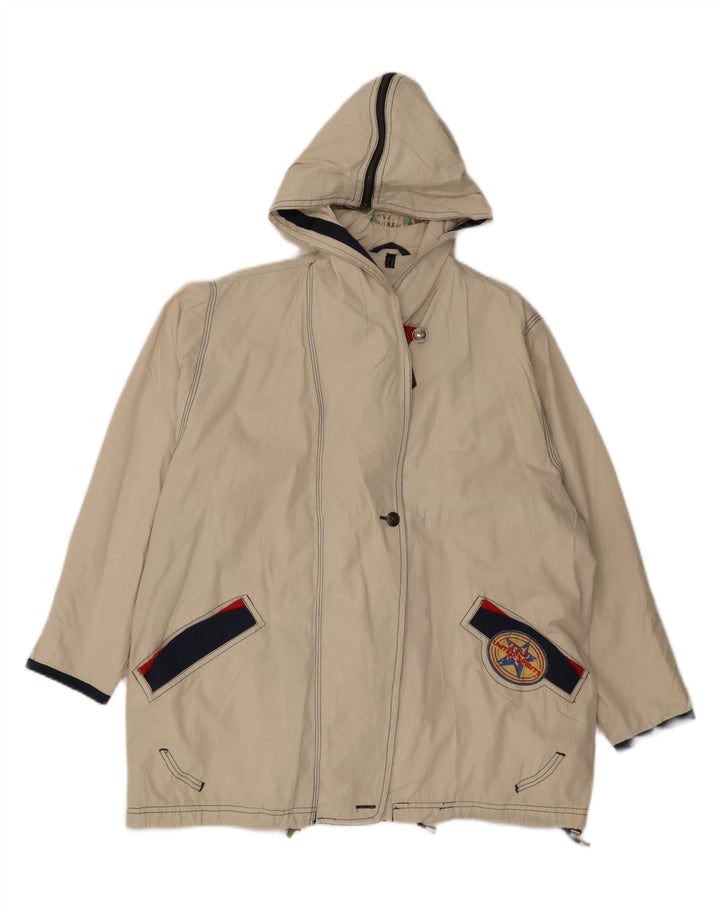 Giacca antipioggia oversize con cappuccio da donna vintage UK 8 piccola in poliestere bianco sporco