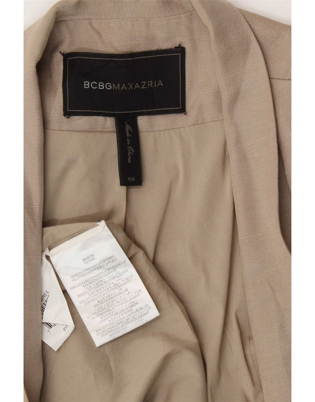 BCBGMAXAZRIA Giacca blazer aperta asimmetrica da donna UK 6 XS Rayon beige