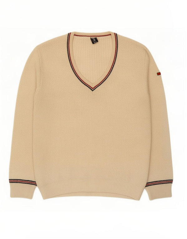 Vintage Mens V-Neck Jumper Sweater Small Beige Striped
