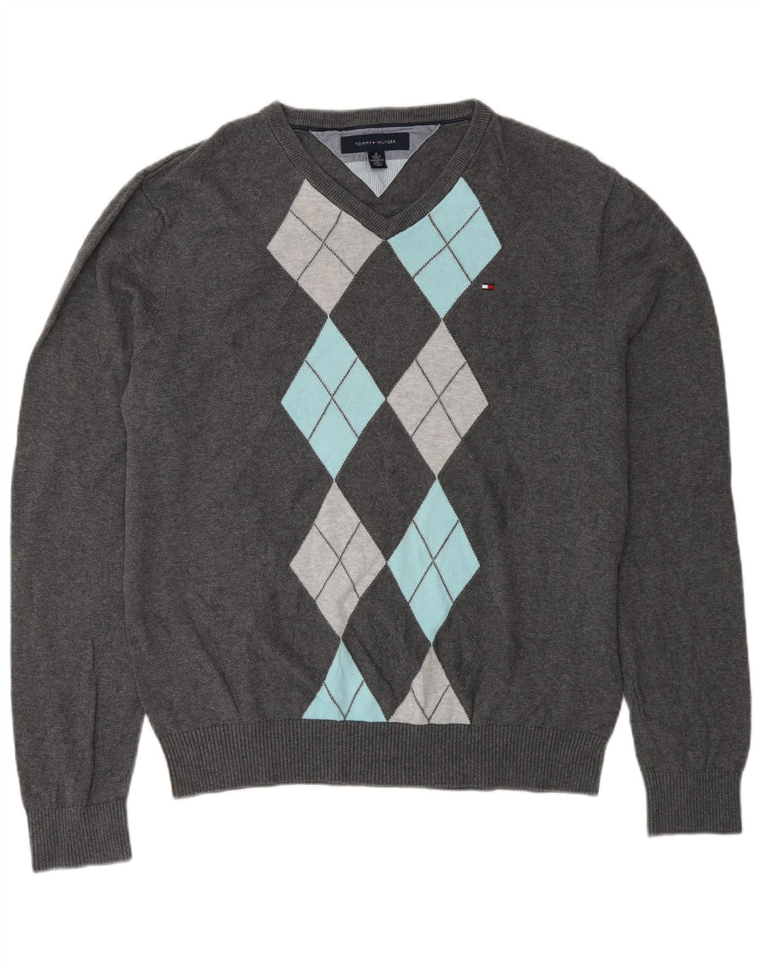 Tommy Hilfiger Uomo Maglione con scollo a V Maglione grigio medio a rombi/cotone diamante