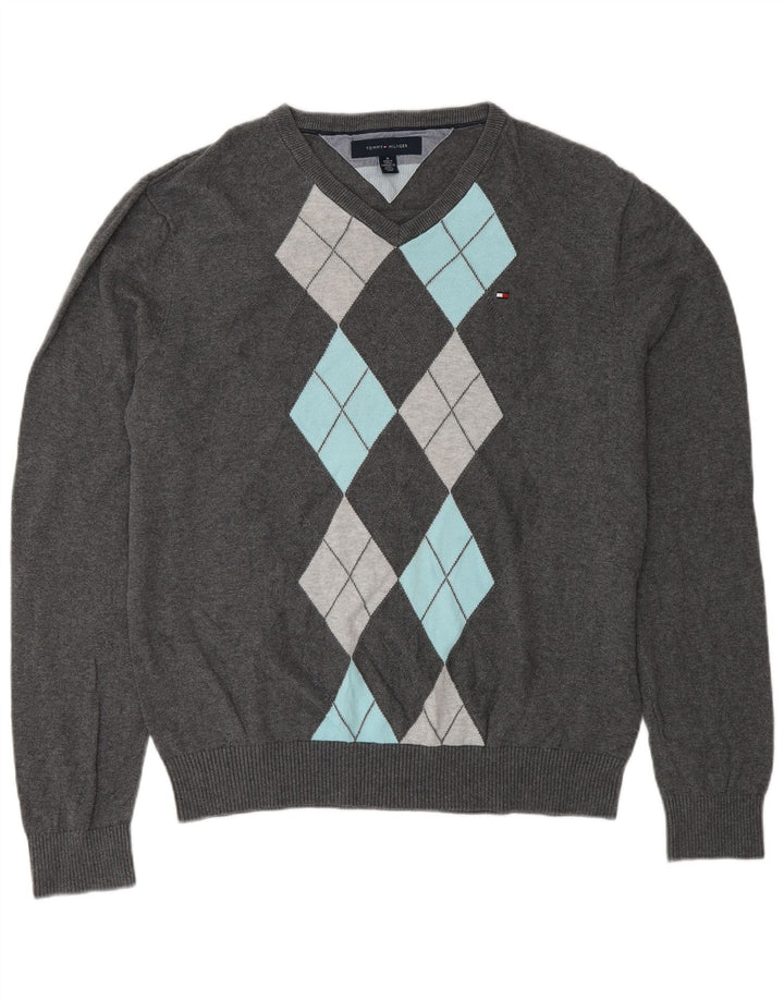 Tommy Hilfiger Uomo Maglione con scollo a V Maglione grigio medio a rombi/cotone diamante