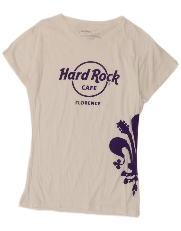 T-shirt grafica da donna Hard Rock Cafe Florence Top UK 14 grande cotone bianco