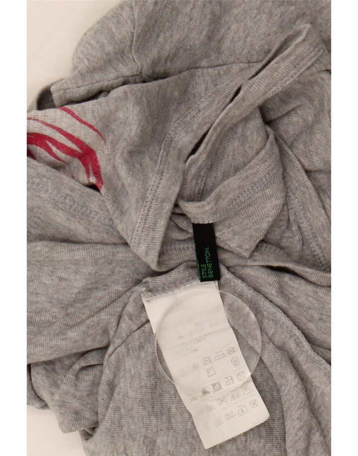 BENETTON Top grafico da donna a maniche lunghe UK 16 Grande cotone chiazzato grigio