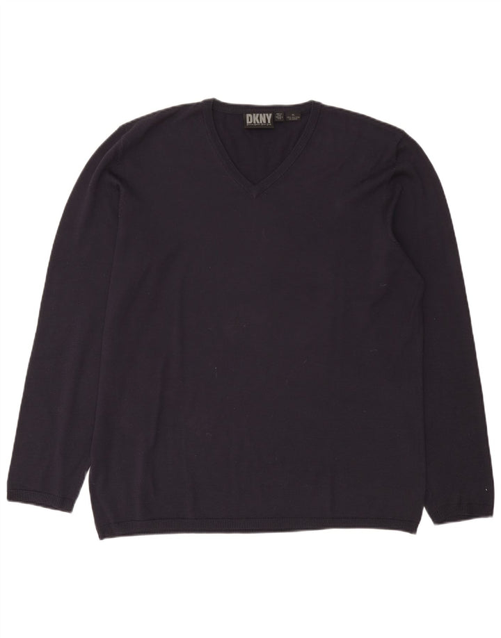 Maglione da uomo Dkny con scollo a V XL in seta blu navy