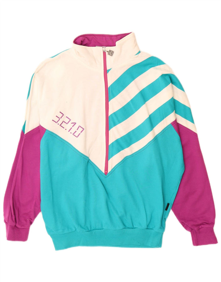 Felpa grafica da donna vintage maglione UK 12 blocco colore blu medio