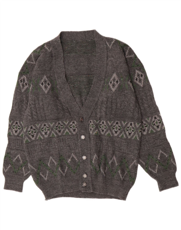 Maglione cardigan da uomo vintage grande lana geometrica grigia