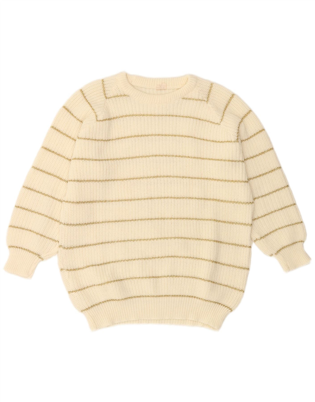 Maglione maglione girocollo da donna VINTAGE UK 14 medio a righe bianco sporco