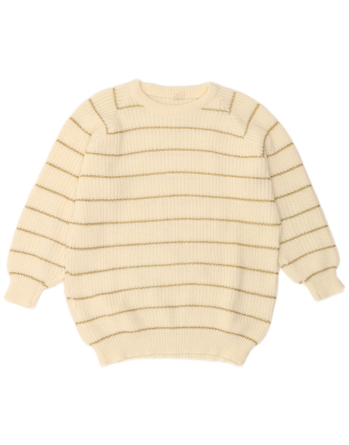 Maglione maglione girocollo da donna VINTAGE UK 14 medio a righe bianco sporco