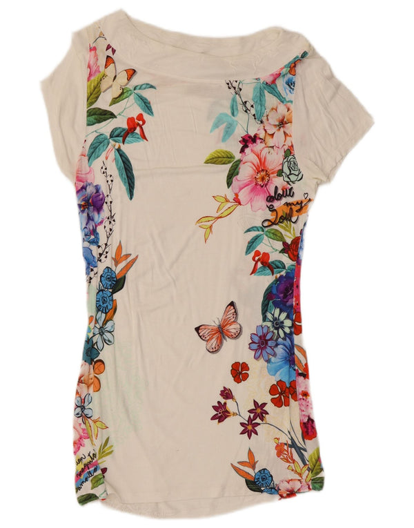 Desigual Top da donna con spalle lunghe e spalle scoperte UK 6 XS Off White Floral Viscosa