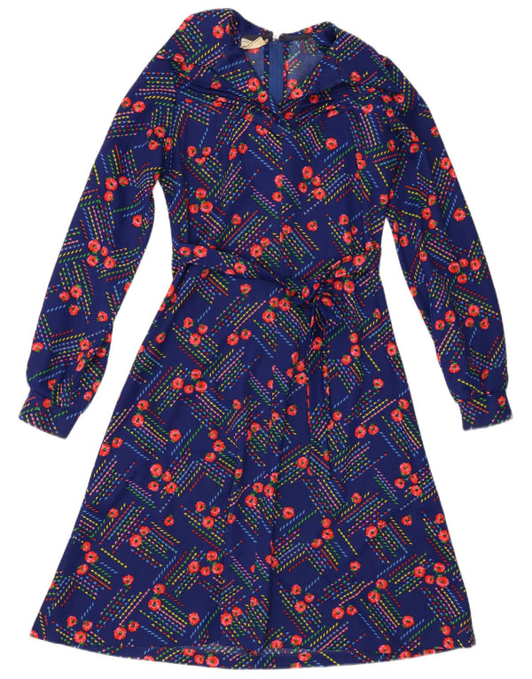 Abito a trapezio a maniche lunghe da donna vintage UK 14 floreale blu medio