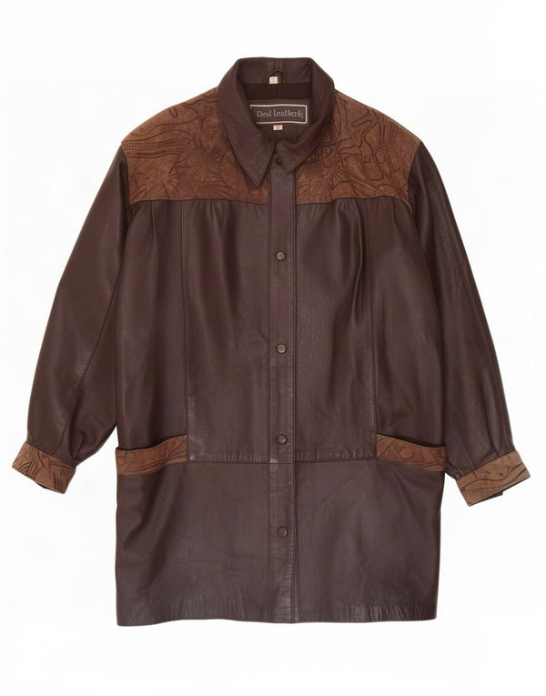Cappotto oversize in pelle vintage da donna UK 18 XL Marrone geometrico