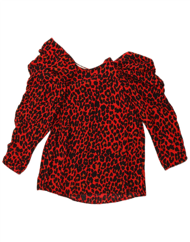 ZARA Camicetta da Donna con Maniche a 3/4 Top UK 10 Piccola Stampa Animalier Rossa