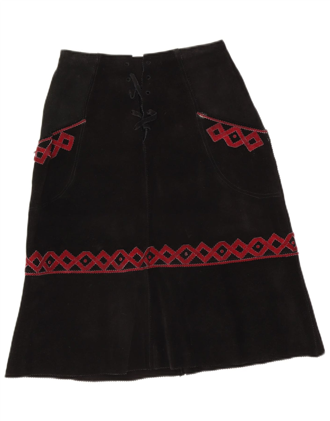 Gonna longuette vintage in pelle scamosciata da donna W28 media nera geometrica
