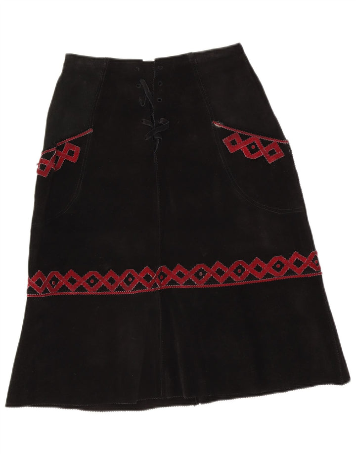 Gonna longuette vintage in pelle scamosciata da donna W28 media nera geometrica