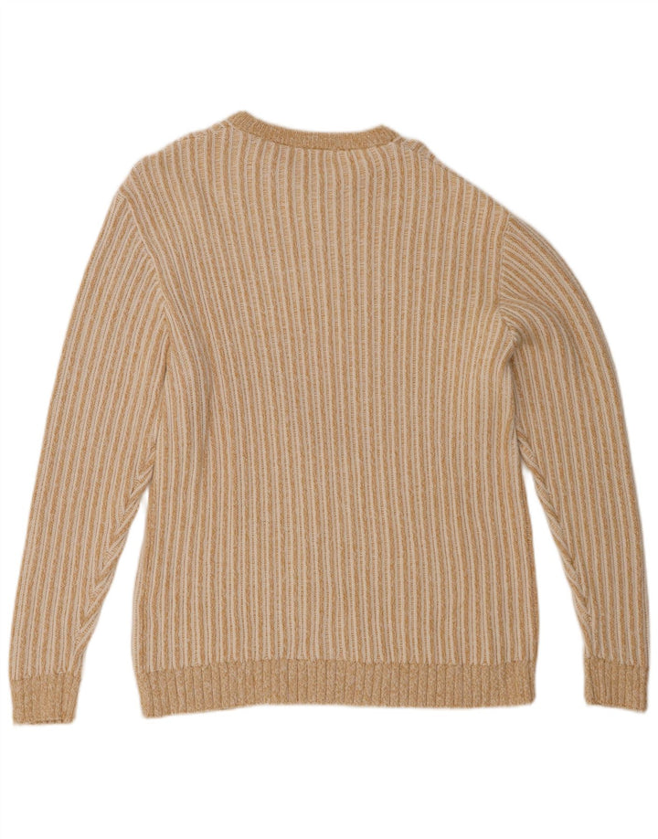ZARA Mens Crew Neck Jumper Sweater Large Beige Striped Cotton